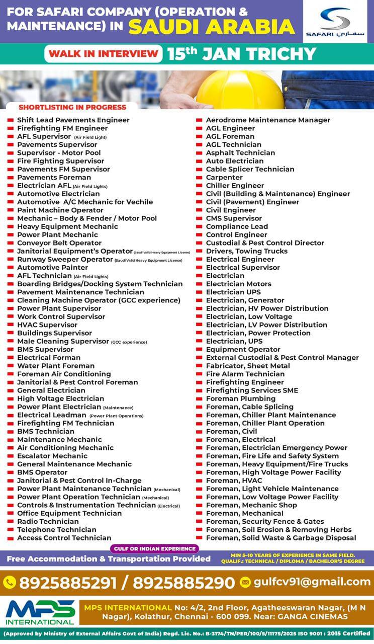 FOR SAFARI COMPANY (OPERATION & MAINTENANCE) IN SAUDI ARABIA WALK IN INTERVIEW AT TRICHY ON 15.01.2026
