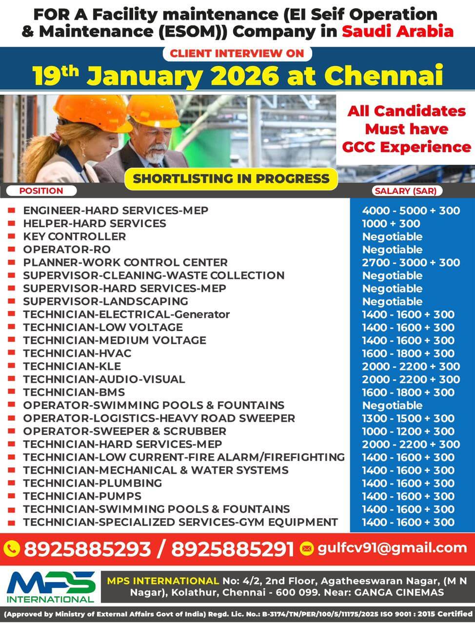 FOR A Facility Maintenance (El Seif Operation & Maintenance – ESOM) Company IN SAUDI ARABIA CLIENT INTERVIEW AT CHERNNAI ON 19.01.2026