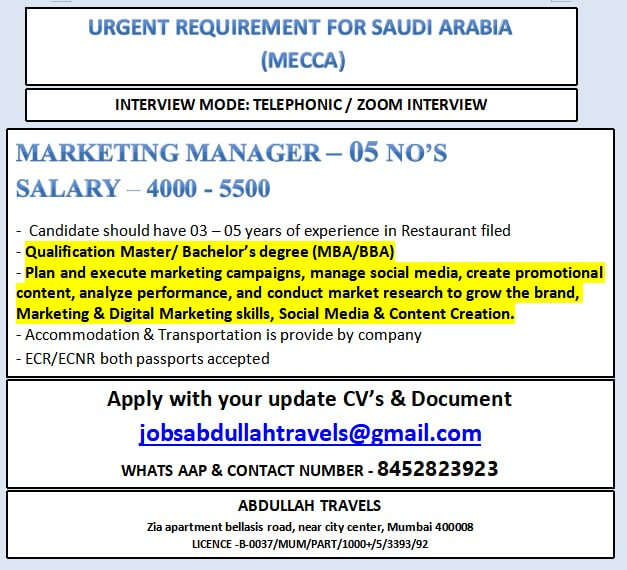 URGENT REQUIREMENT FOR SAUDI ARABIA  (mecca)