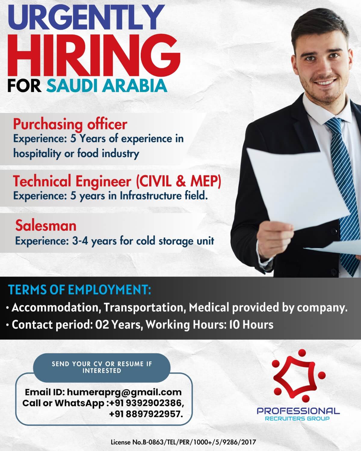 URGENT HIRING FOR SAUDI ARABIA