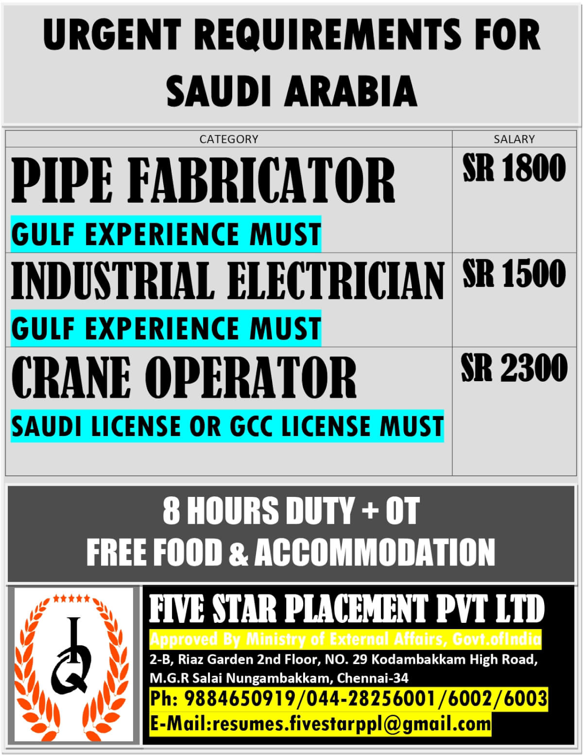 URGENT REQUIREMENT FOR SAUDI ARABIA