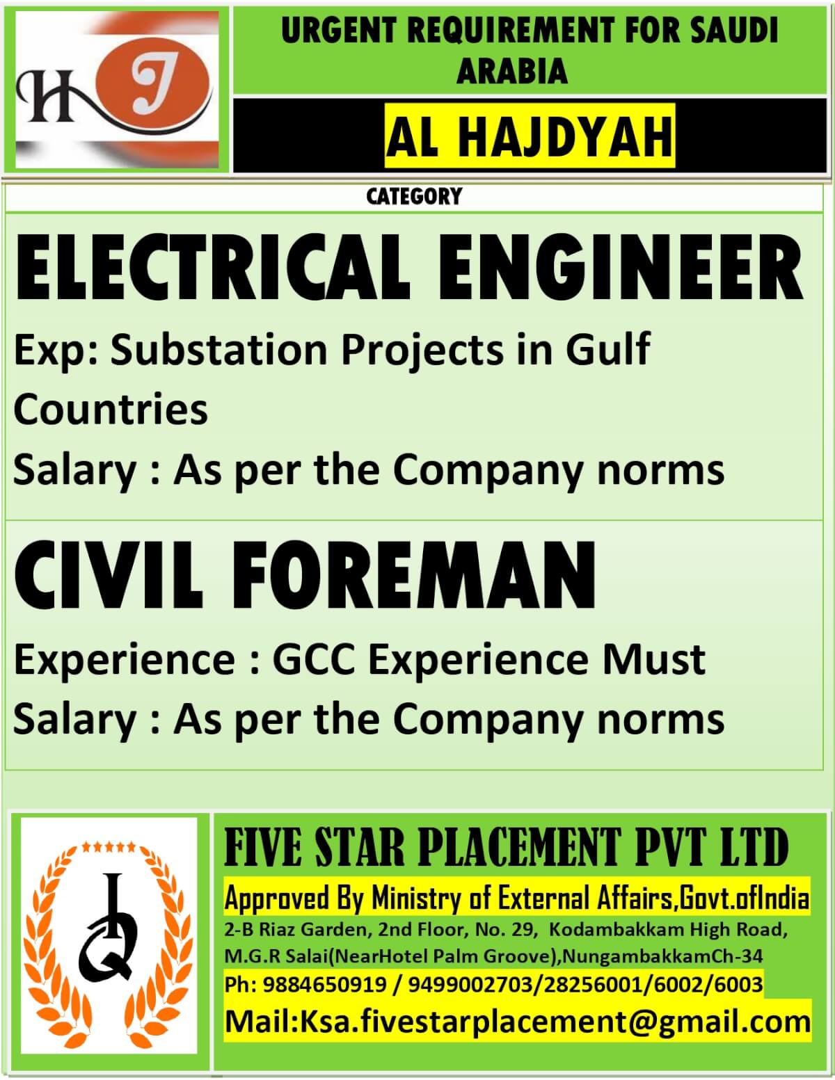 URGENT REQUIREMENT FOR SAUDI ARABIA