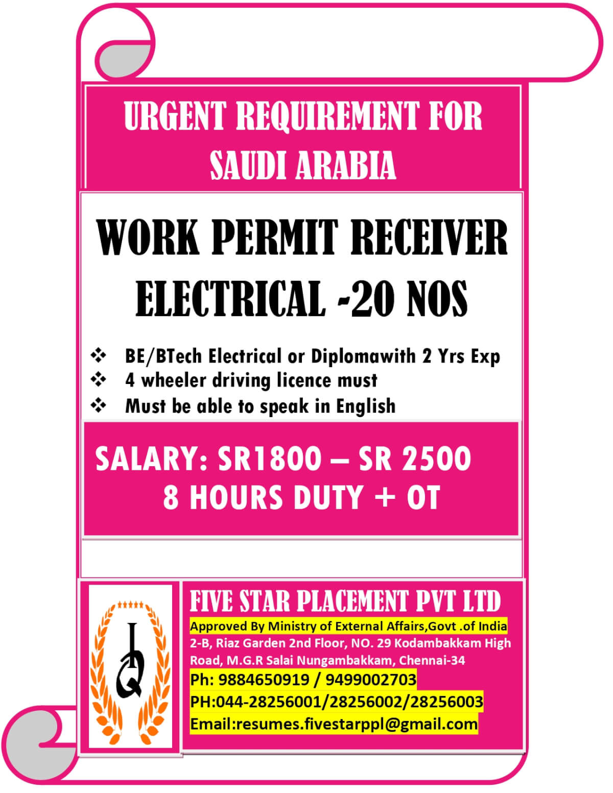 URGENT REQUIREMENT FOR SAUDI ARABIA