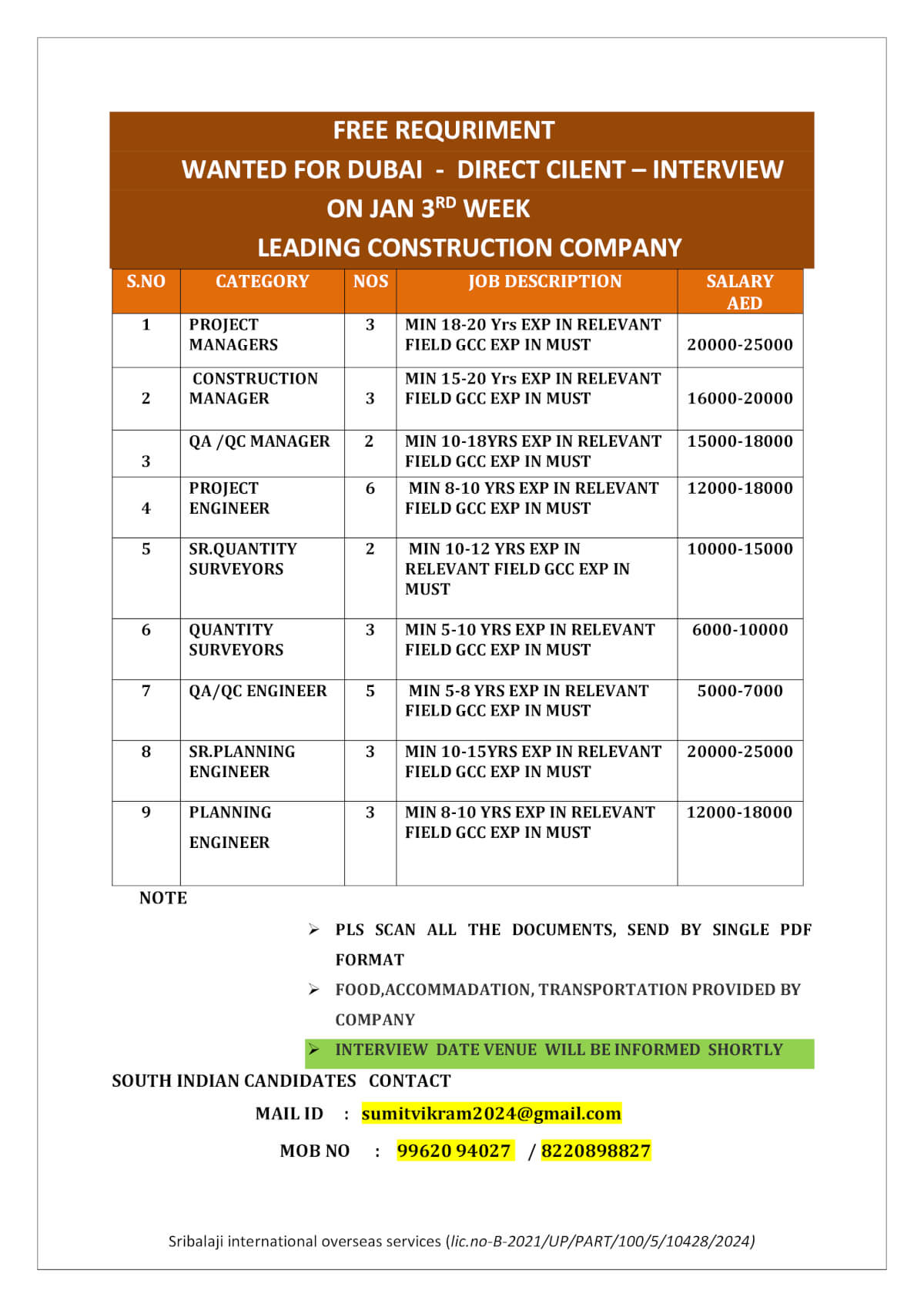 WANTED FOR DUBAI-WALK-IN-INTERVIEW(LEADING CONSTRUCTION COMPANY) WANTED FOR DUBAI-WALK-IN-INTERVIEW(LEADING CONSTRUCTION COMPANY)