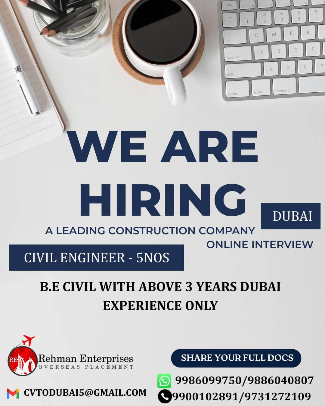 HIRING FOR A LEADING CONSTRUCTION COMPANY IN DUBAI-CIVIL ENGINEER - 5 NOS