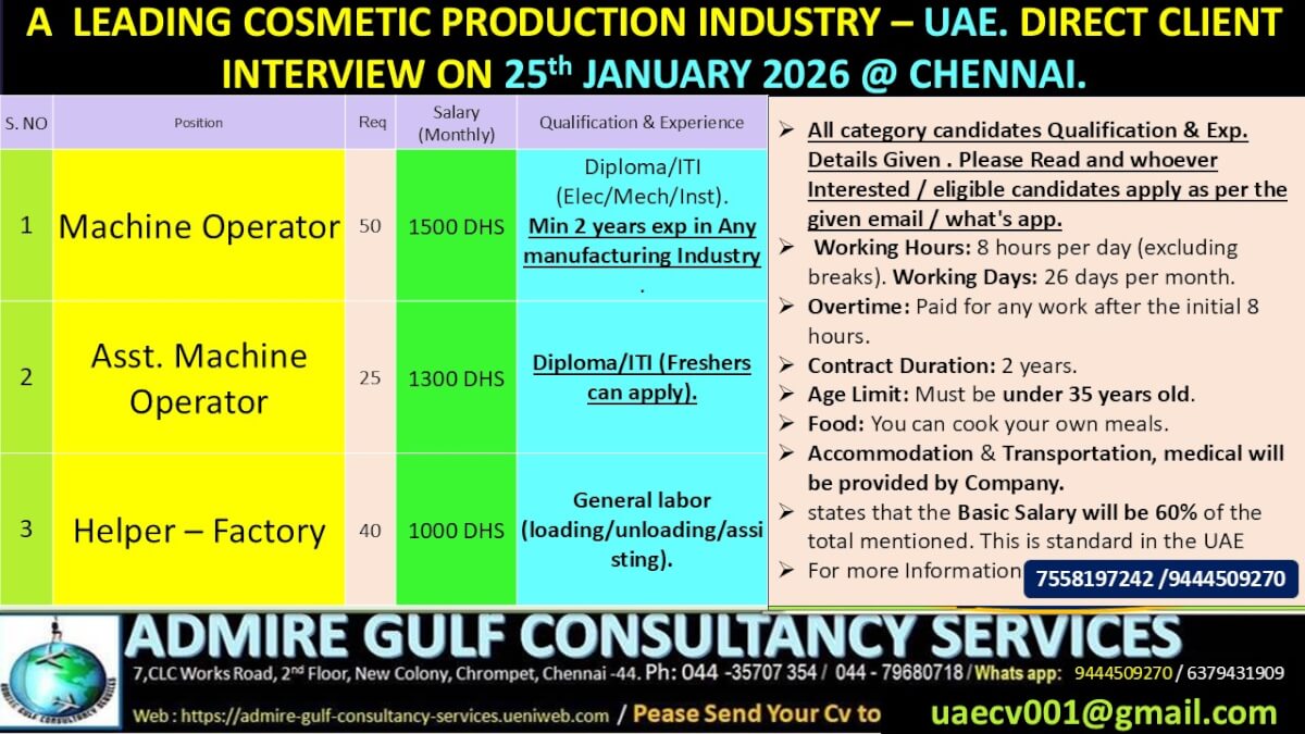A  LEADING COSMETIC  PRODUCTION INDUSTRY - UAE -LONG TERM . DIRECT CLIENT INTERVIEW ON 25th JANUARY 2026 @ CHENNAI