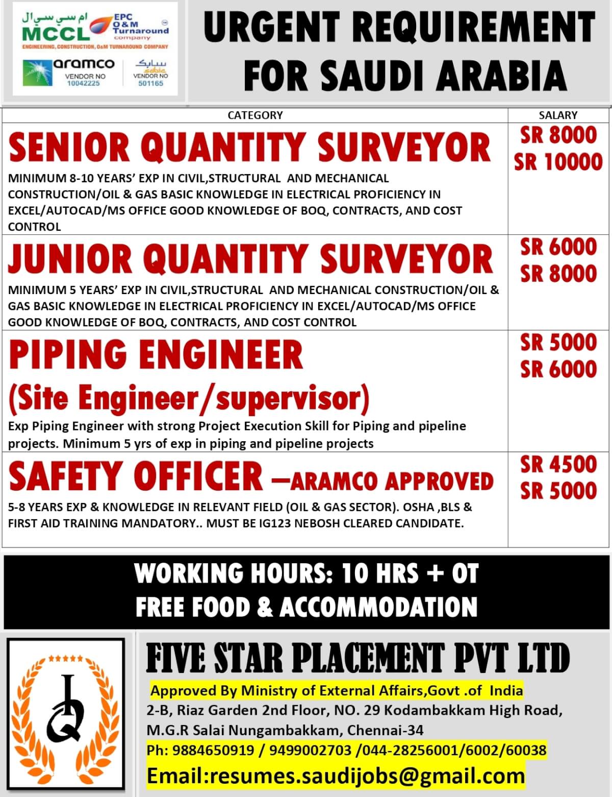 URGENT REQUIREMENT FOR SAUDI ARABIA
