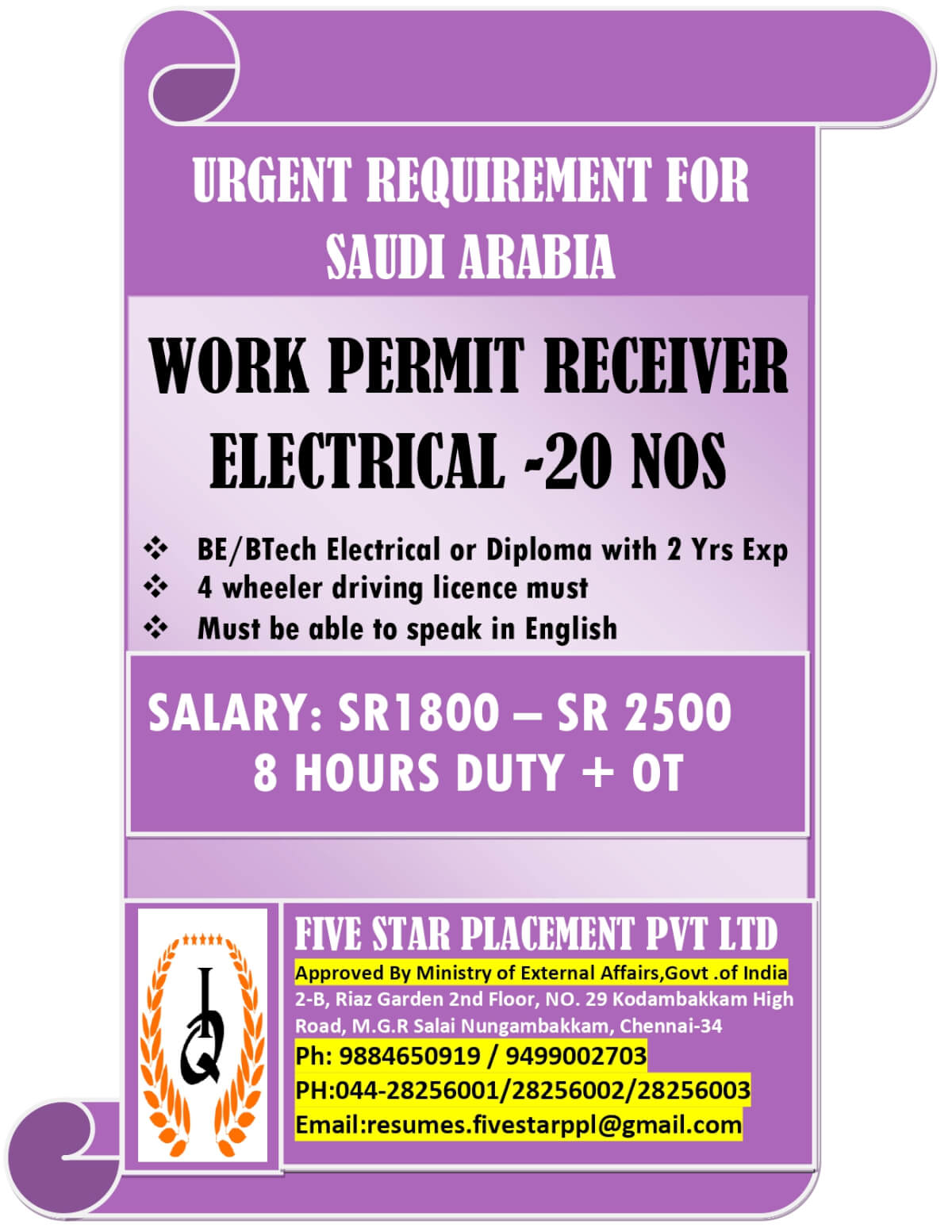 URGENT REQUIREMENT FOR SAUDI ARABIA