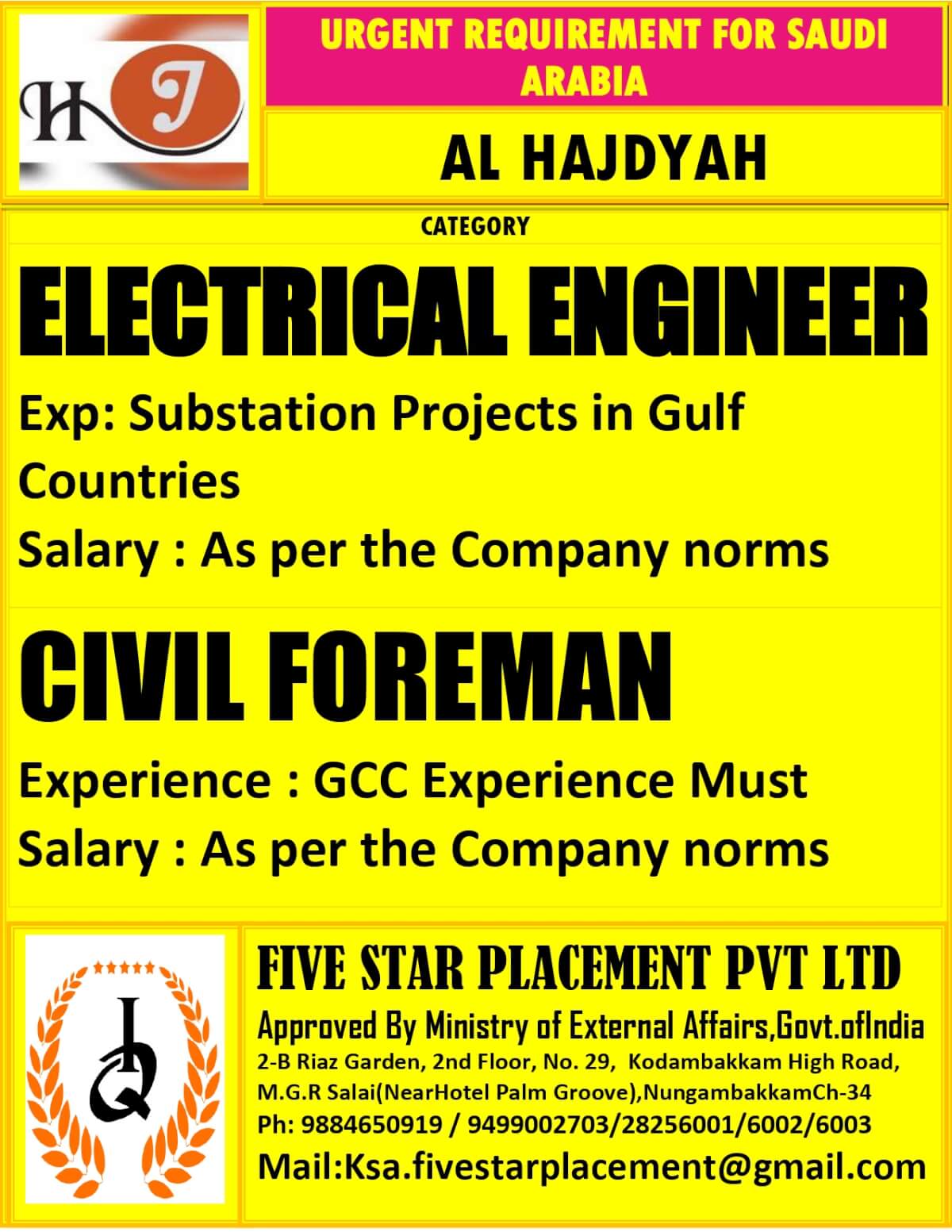 URGENT REQUIREMENT FOR SAUDI ARABIA