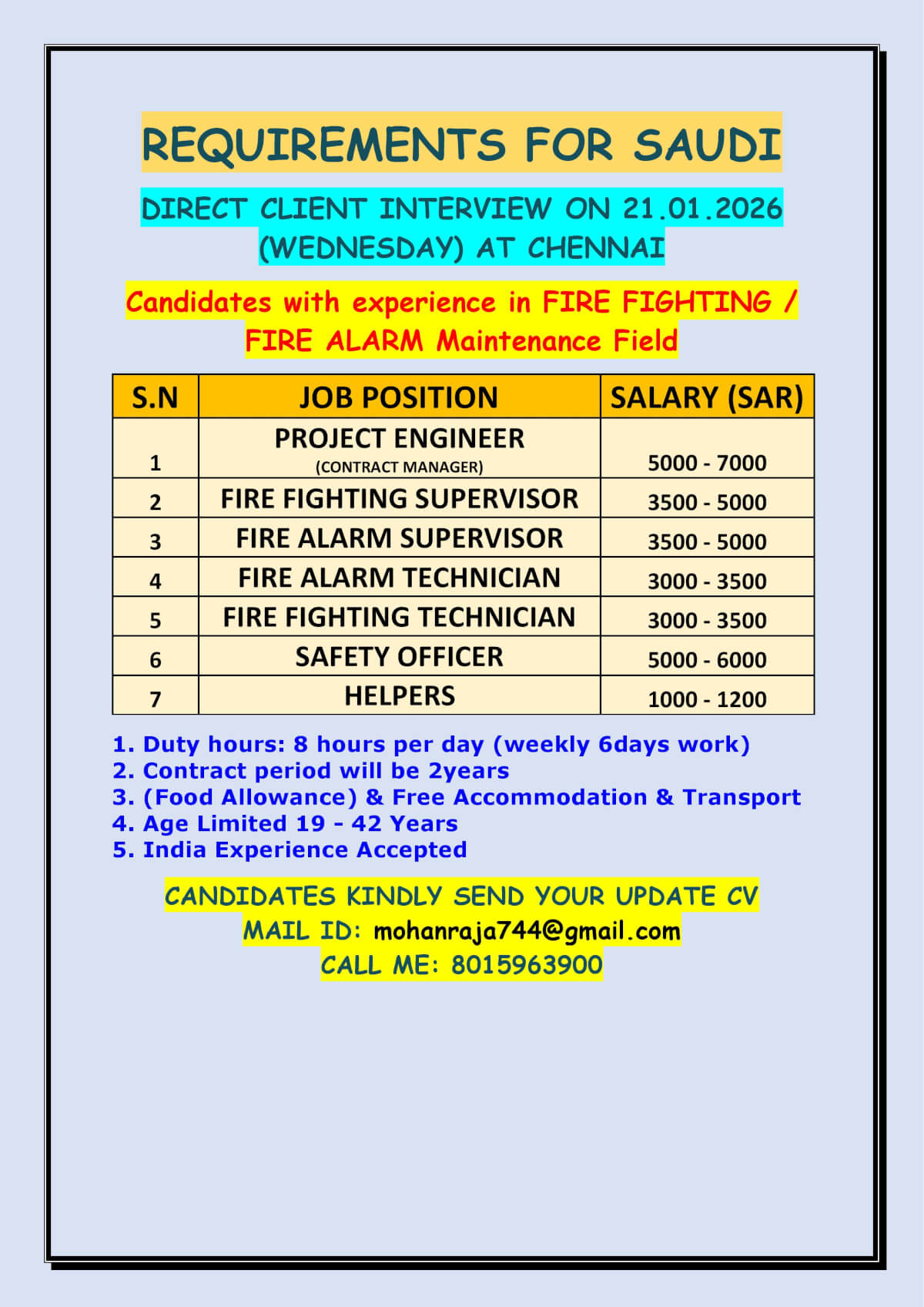 REQUIREMENTS FOR SAUDI - DIRECT CLIENT INTERVIEW ON 21.01.2026 (WEDNESDAY) AT CHENNAI REQUIREMENTS FOR SAUDI - DIRECT CLIENT INTERVIEW ON 21.01.2026 (WEDNESDAY) AT CHENNAI