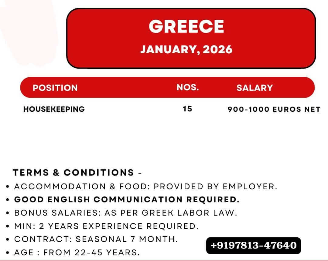 Housekeeping worker Required for GREECE