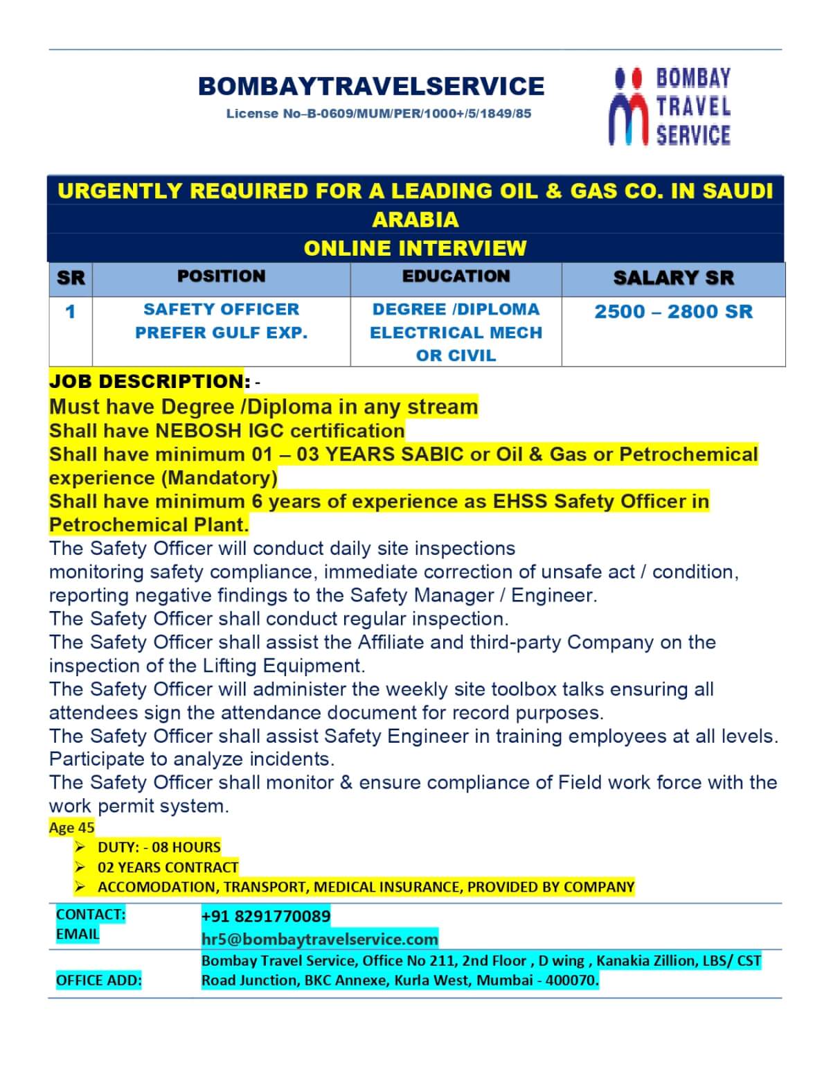 URGENTLY HIRING SAFETY OFFICER FOR SAUDI ARABIA