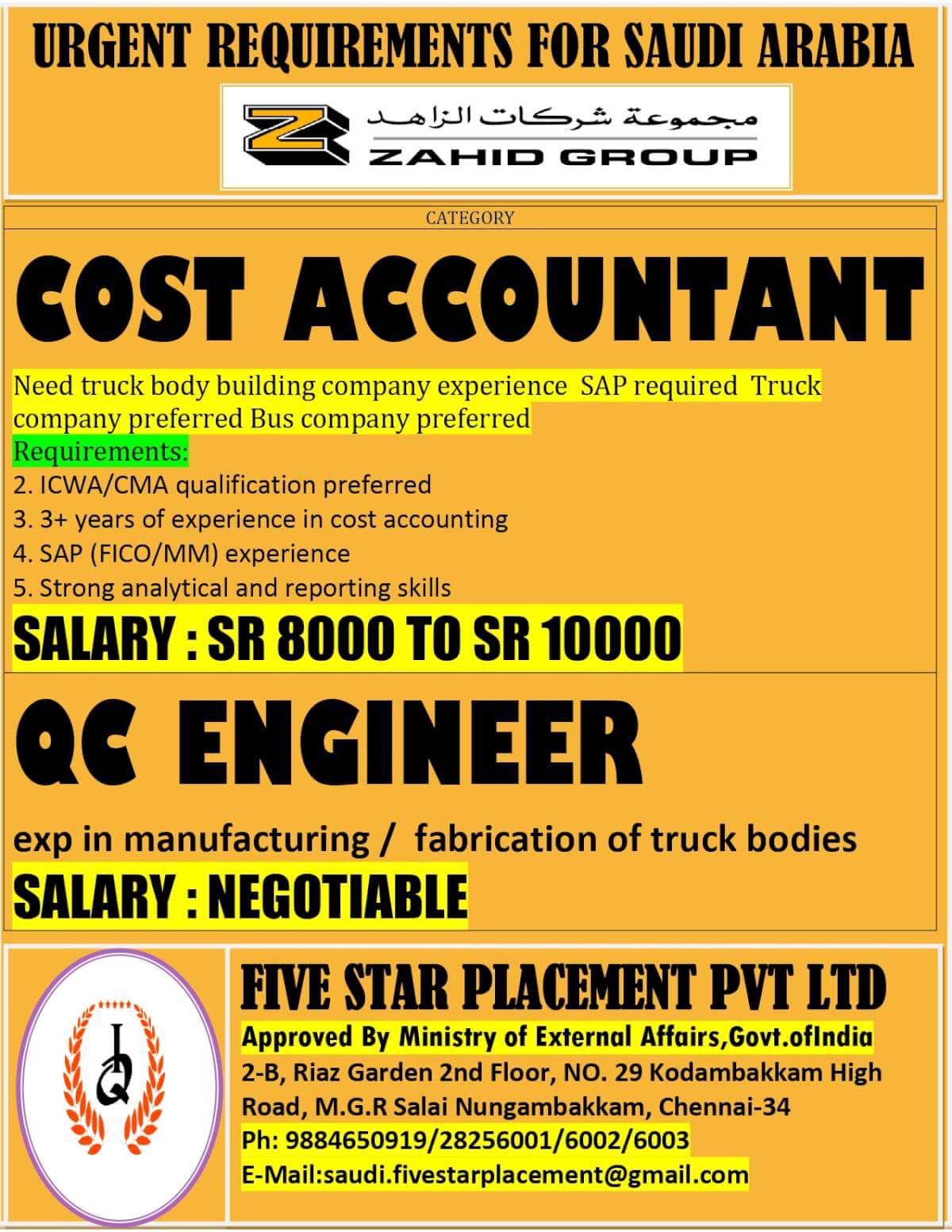 URGENT REQUIREMENT FOR SAUDI ARABIA