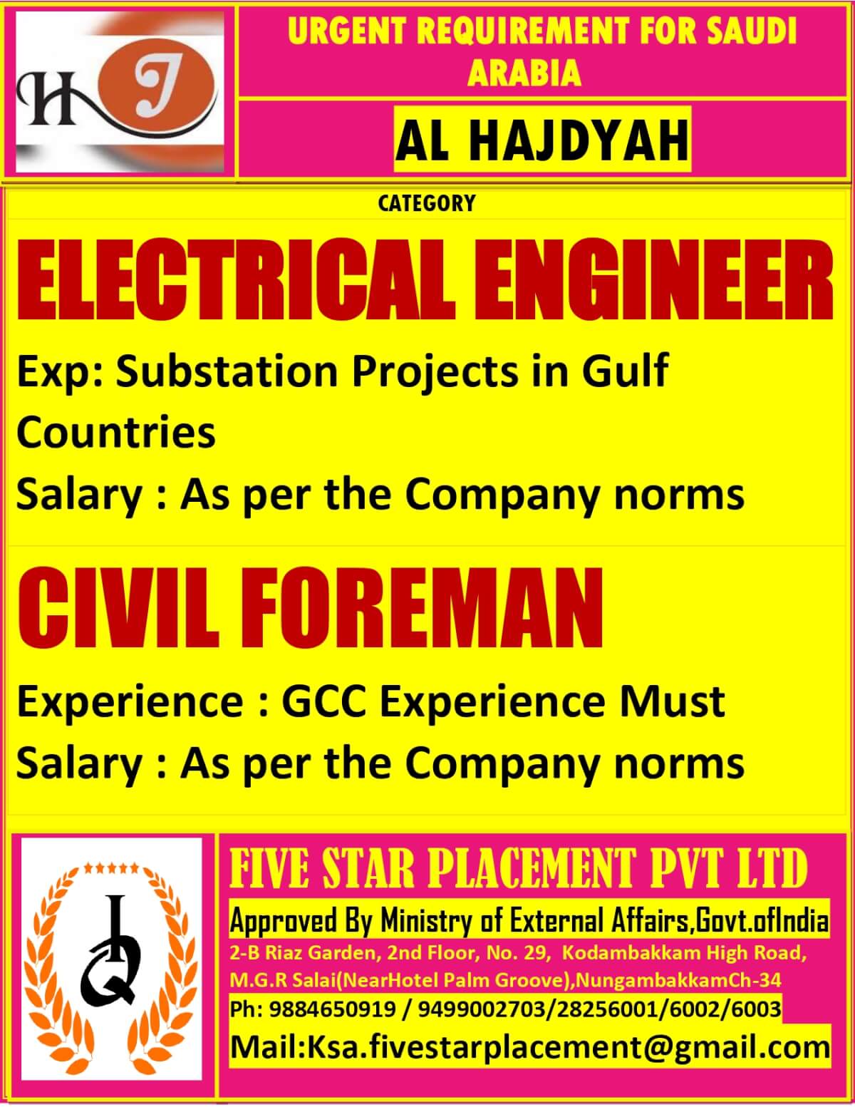 URGENT REQUIREMENT FOR SAUDI ARABIA