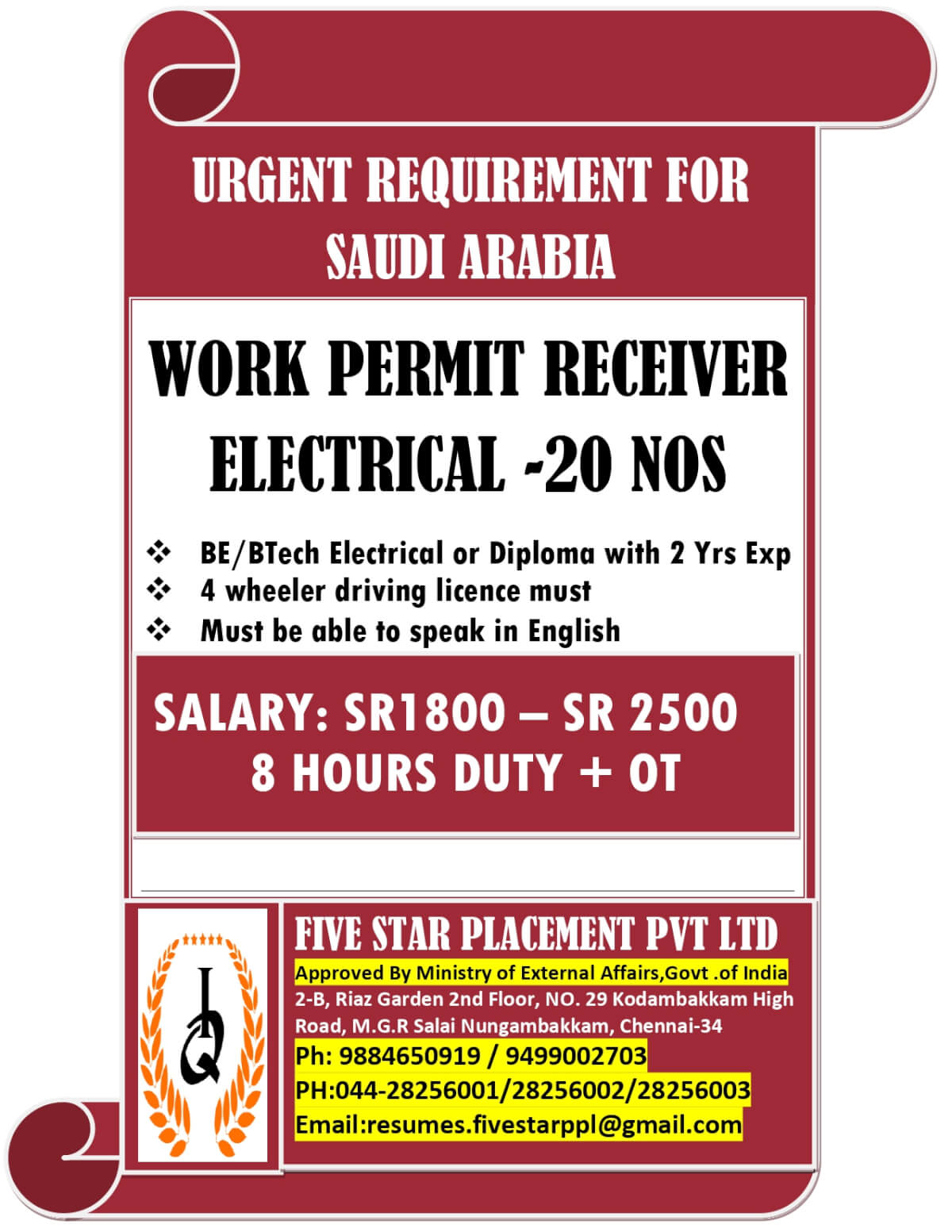 URGENT REQUIREMENT FOR SAUDI ARABIA