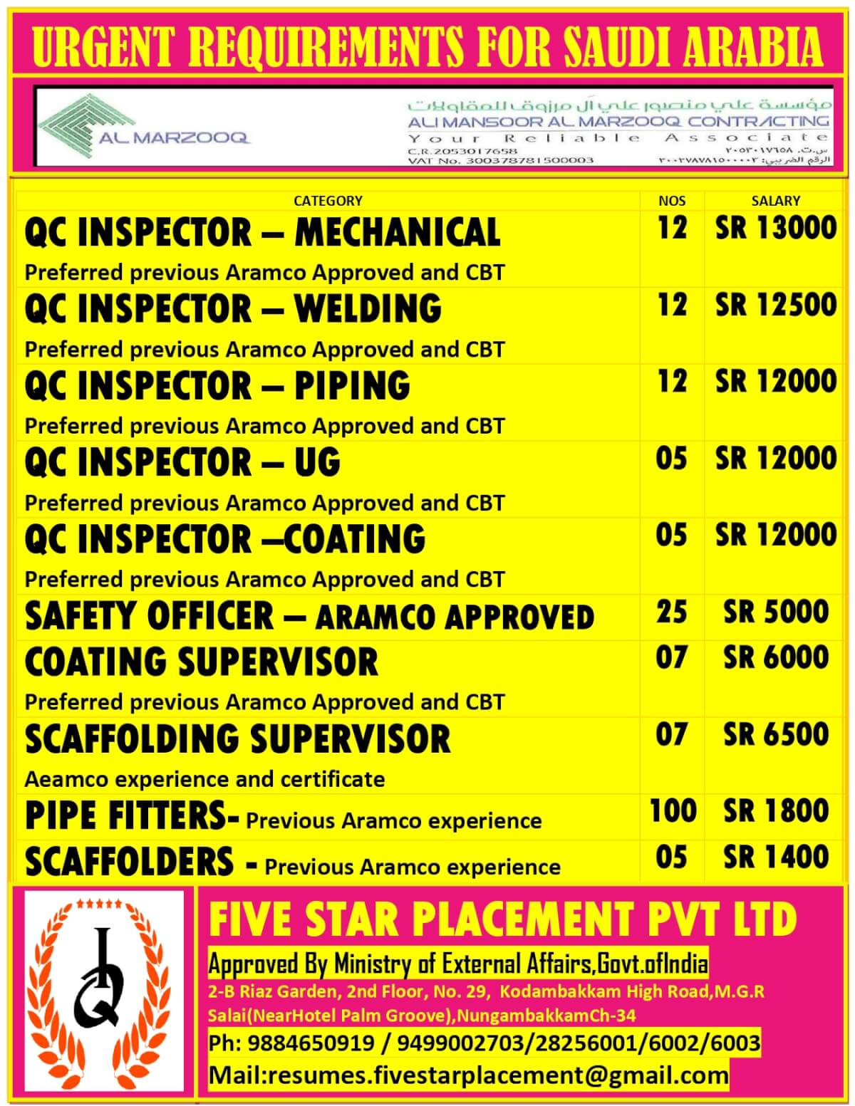 URGENT REQUIREMENT FOR SAUDI ARABIA