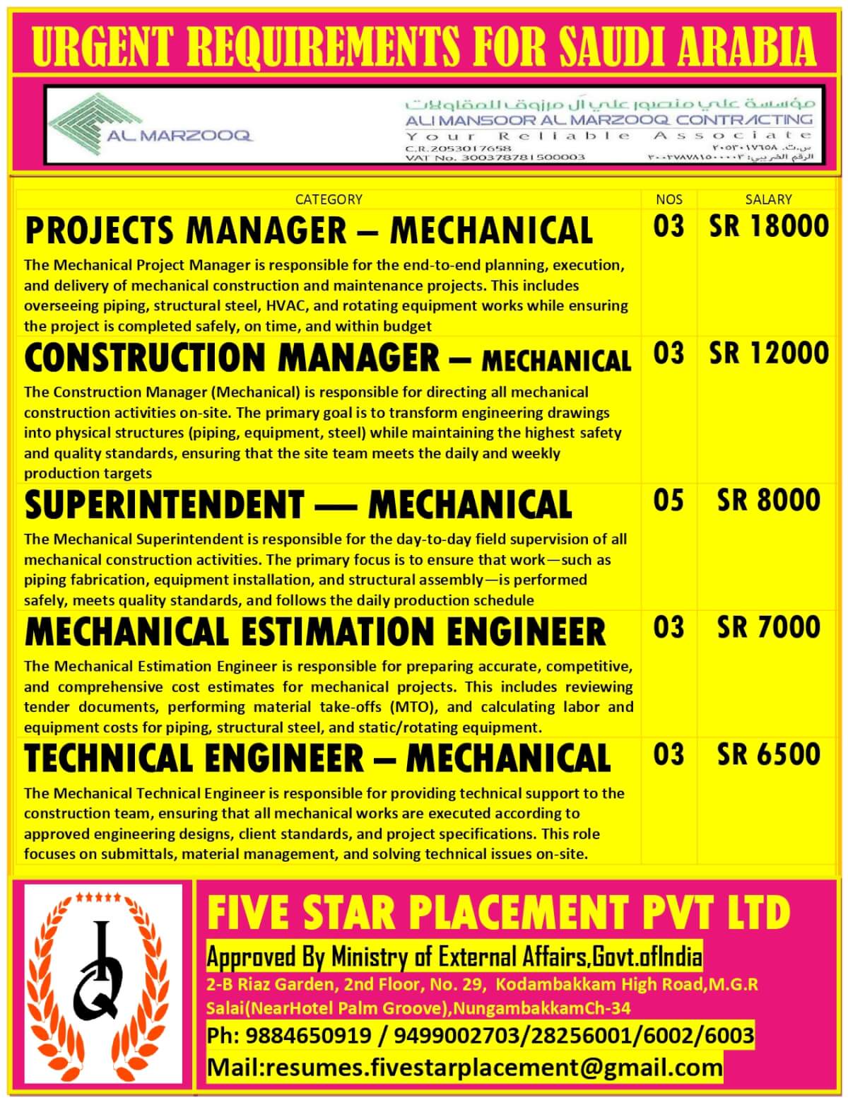 URGENT REQUIREMENT FOR SAUDI ARABIA
