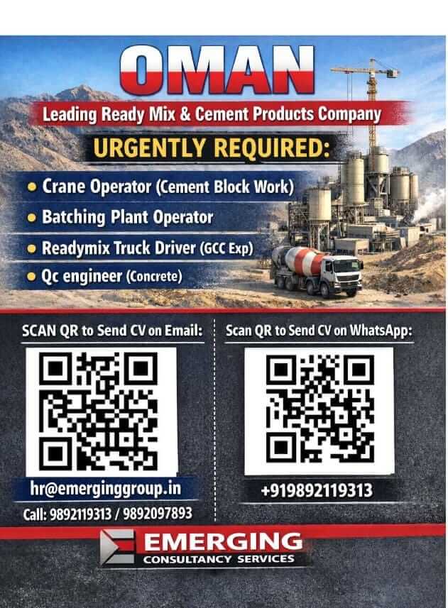 URGENTLY REQUIRED FOR LEADING READY MIX & CEMENT PRODUCTS COMPANY IN OMAN