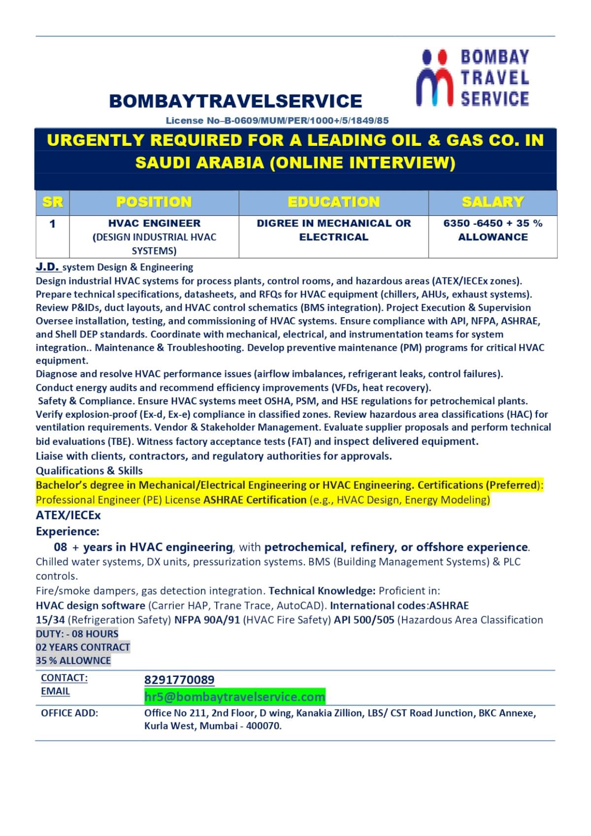 URGENTLY HIIRNG HVAC DESIGNE ENGINEER FOR SAUDI ARABIA