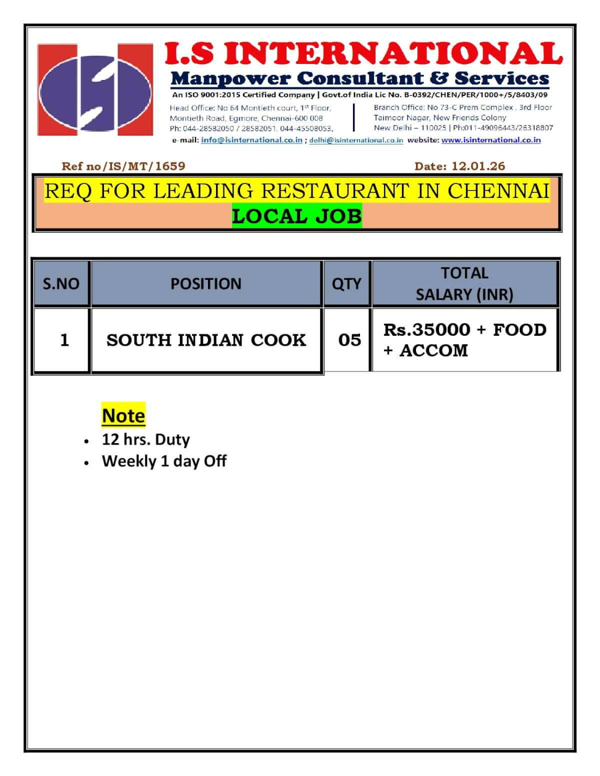 Hiring for South Indian Cook