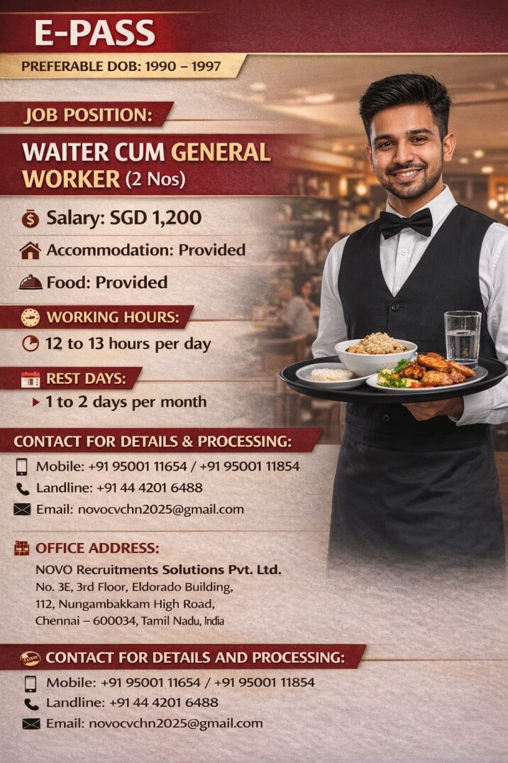 Waiter Cum General Worker (2 Nos) Waiter Cum General Worker (2 Nos)