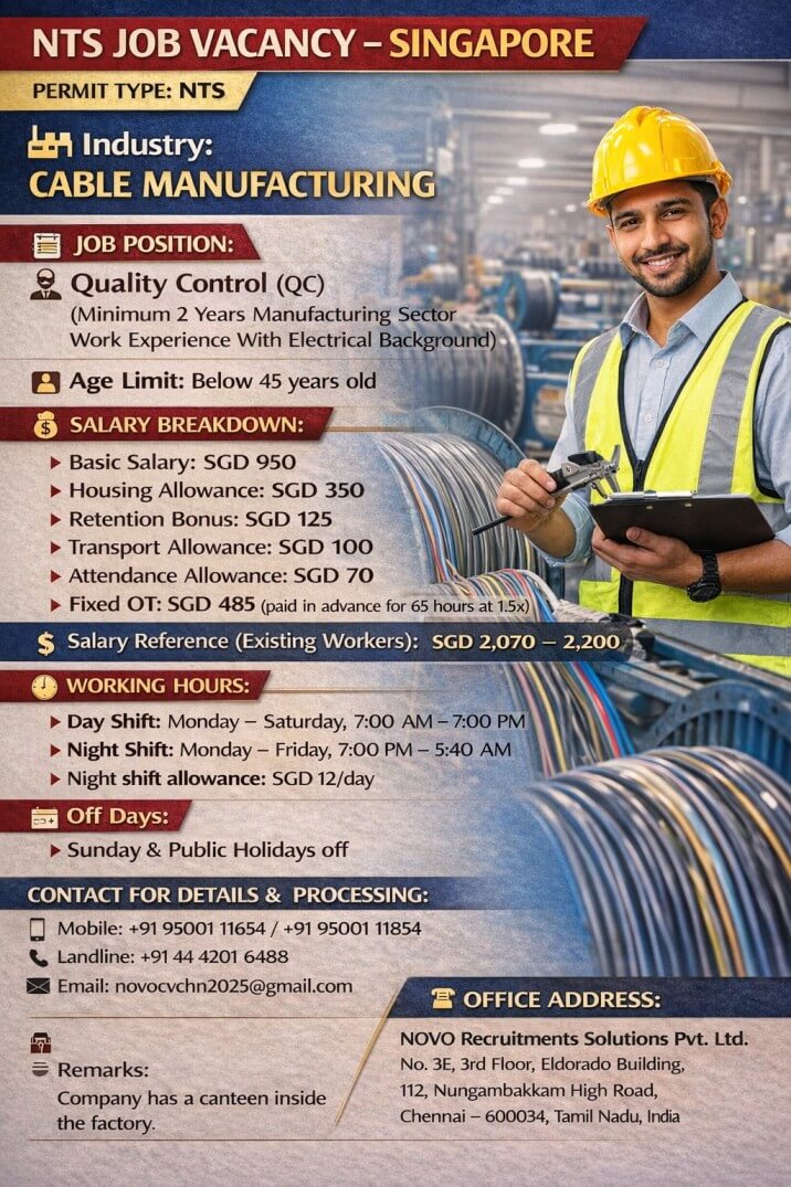 Quality Control (QC) Minimum 2 years manufacturing sector work experience with electrical background