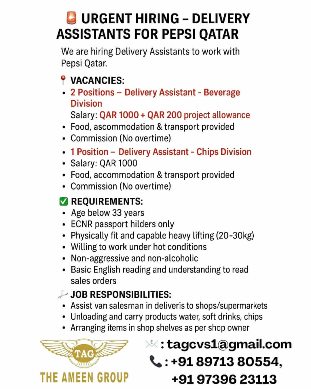 URGENT HIRING – DELIVERY ASSISTANTS FOR PEPSI QATAR