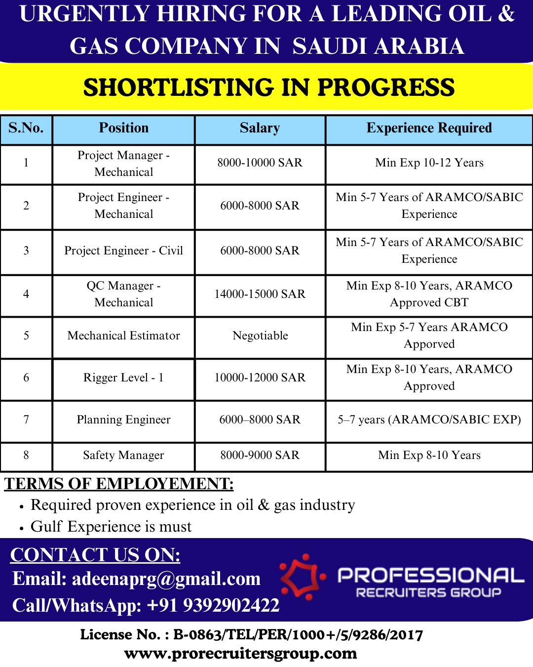 URGENTLY HIRING FOR SAUDI ARABIA