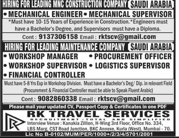 HIRING FOR LEADING MNC CONSTRUCTION COMPANY SAUDI ARABIA HIRING FOR LEADING MNC CONSTRUCTION COMPANY SAUDI ARABIA