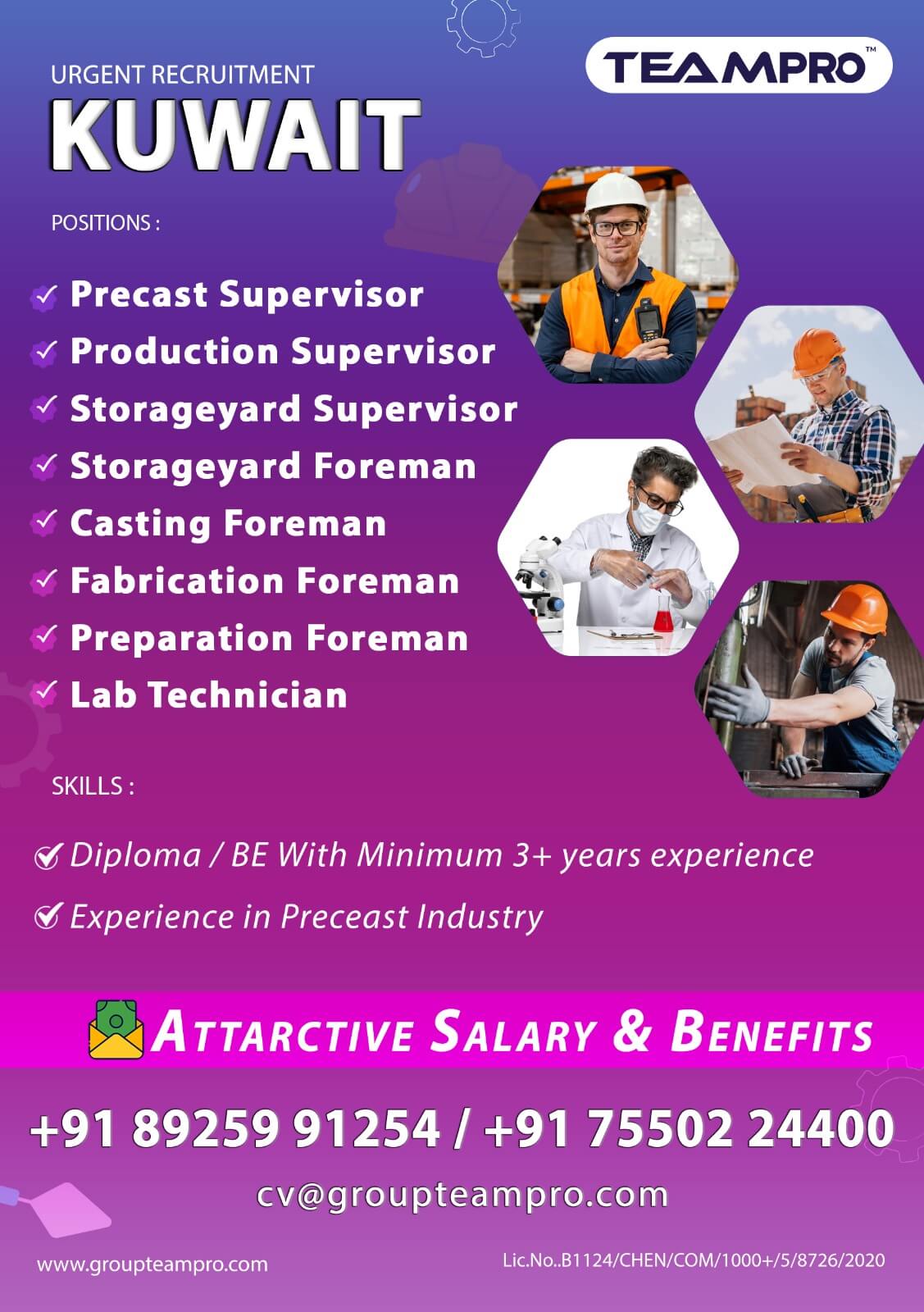 Precast Supervisor , Production Supervisor , Storage Yard Supervisor , Storage Yard Foreman , Casting Foreman , Fabrication Foreman , Preparation Foreman , Lab Technician