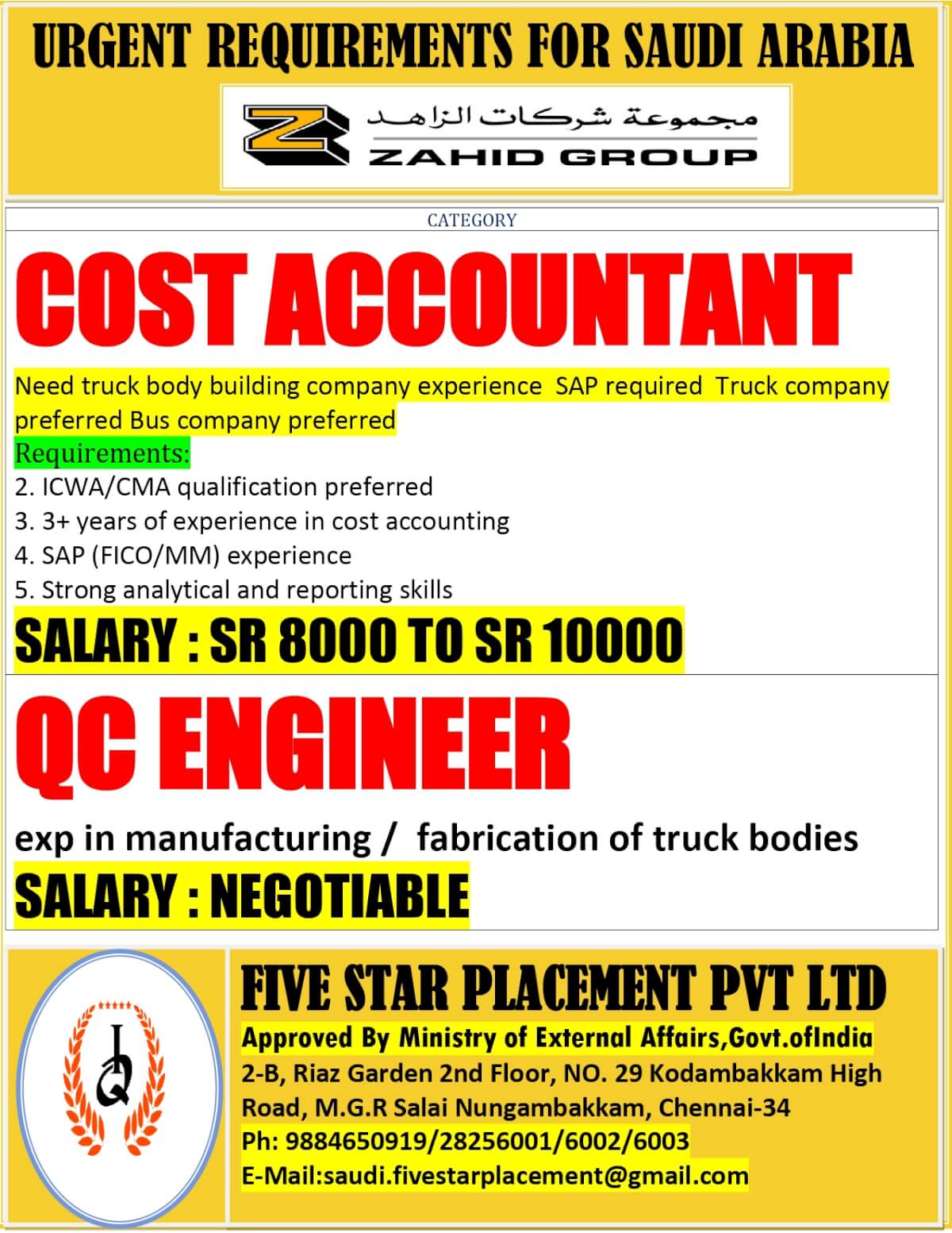 URGENT REQUIREMENT FOR SAUDI ARABIA