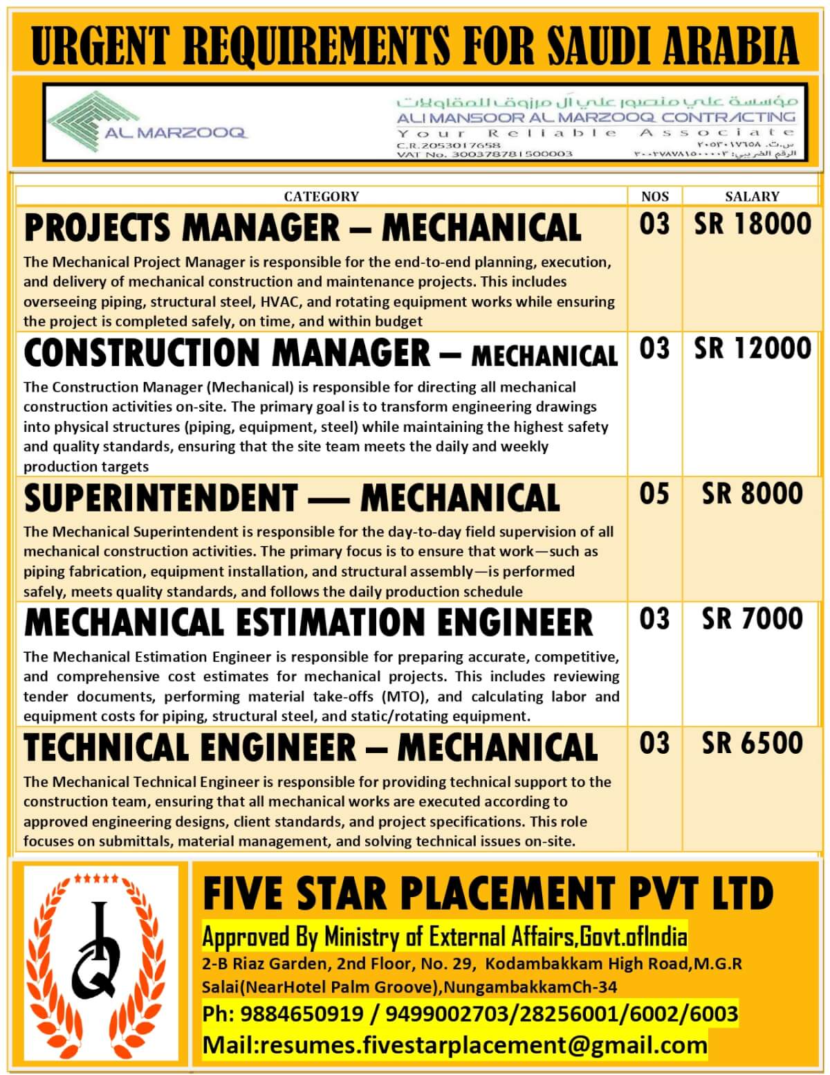 URGENT REQUIREMENT FOR SAUDI ARABIA