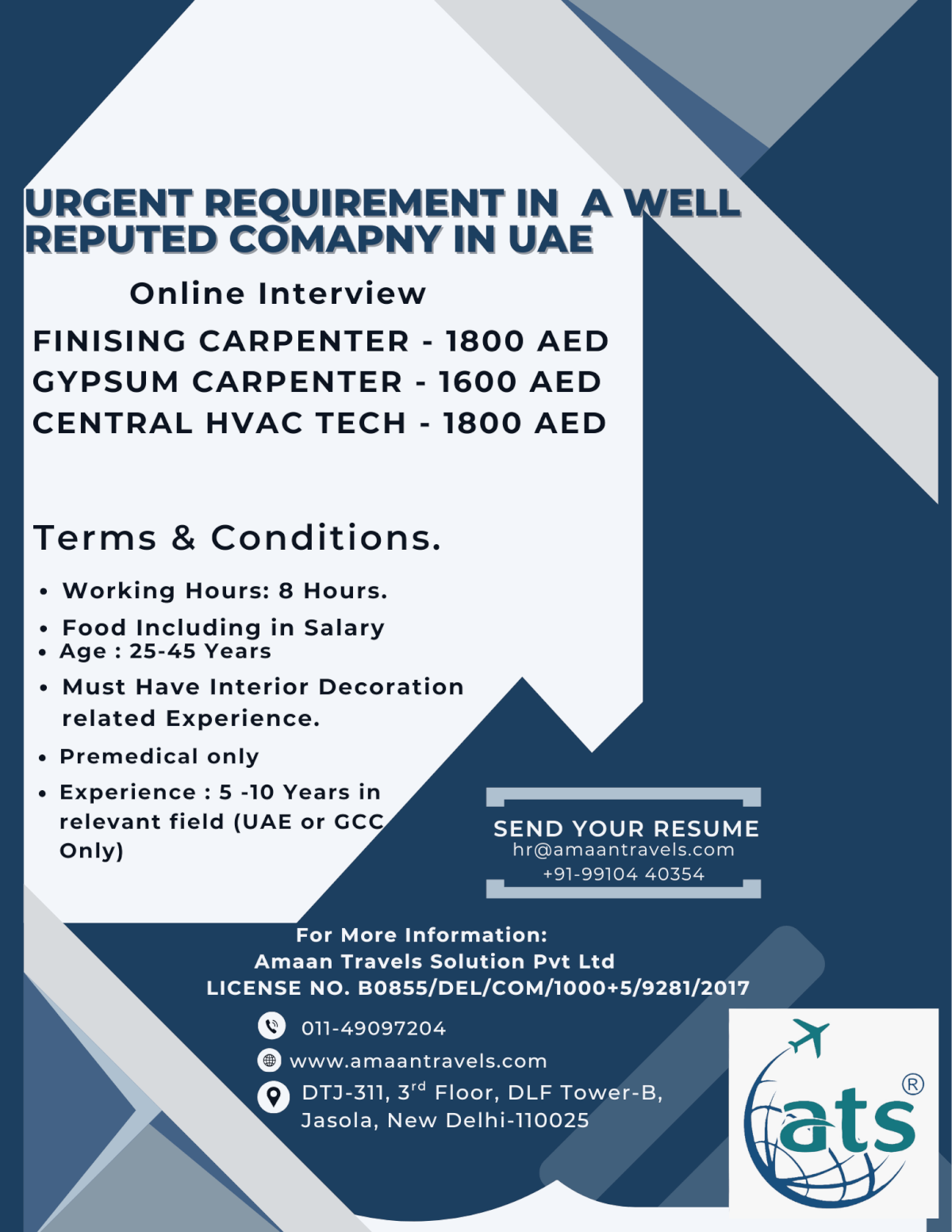 Hiring for A Well Reputed Interior Company in UAE