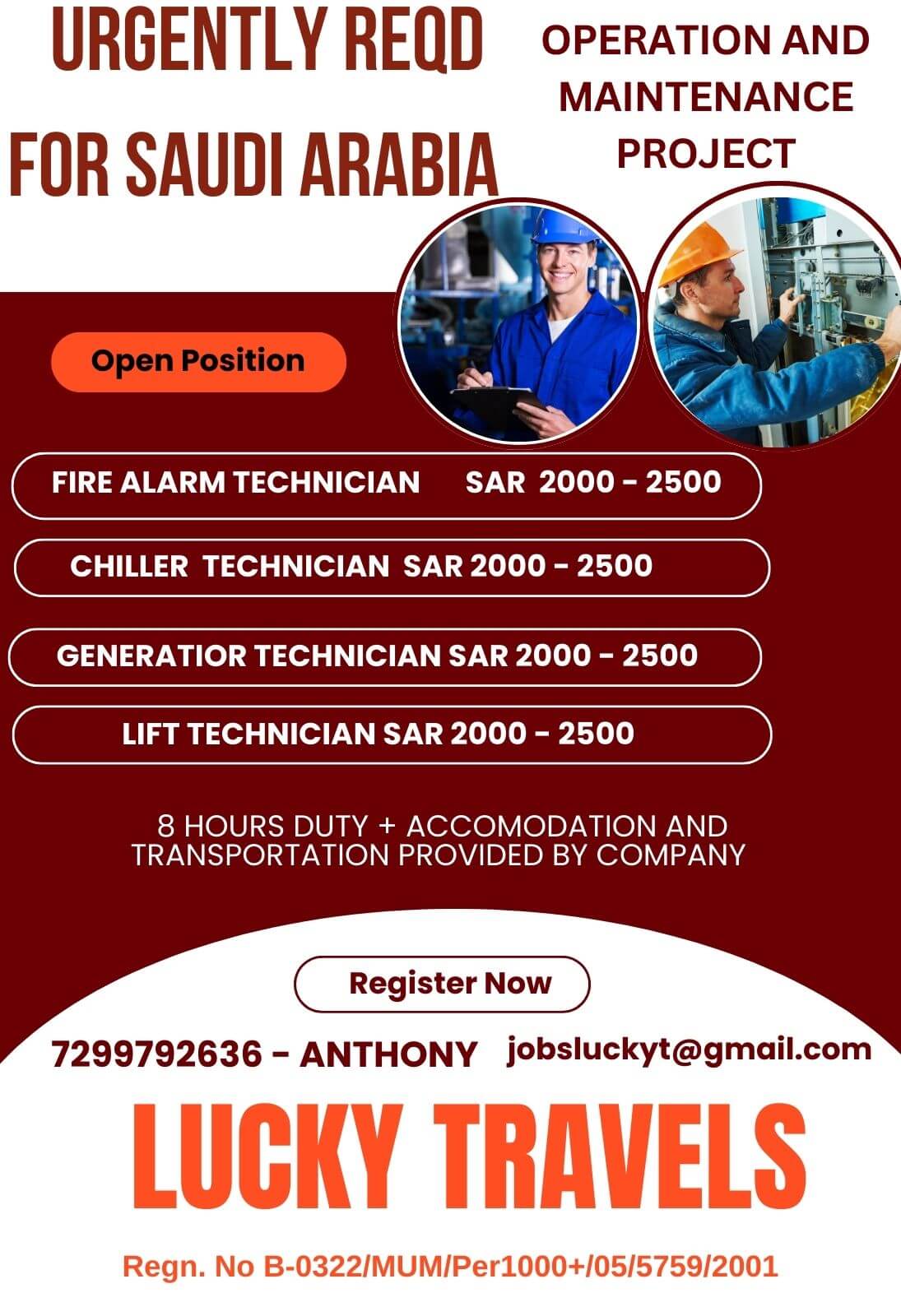 Urgently Required for Maintenance Project for Saudi Arabia / CV Selection & Online Interview / contact for further details on 7299792636