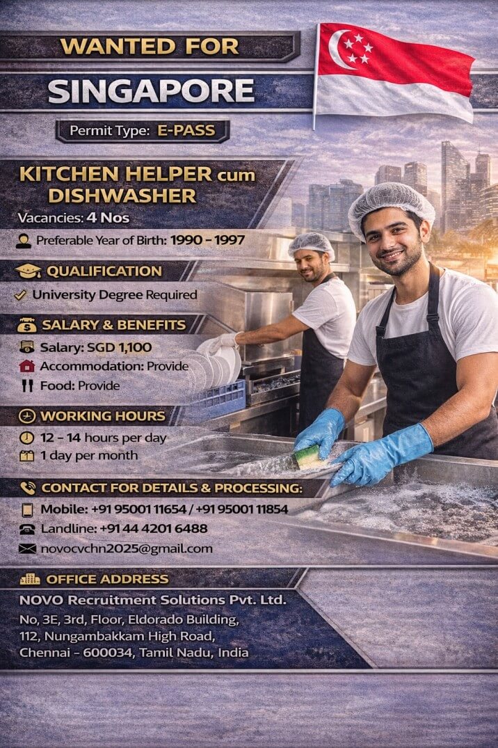Kitchen Helper cum Dishwasher  Vacancies: 4 Nos