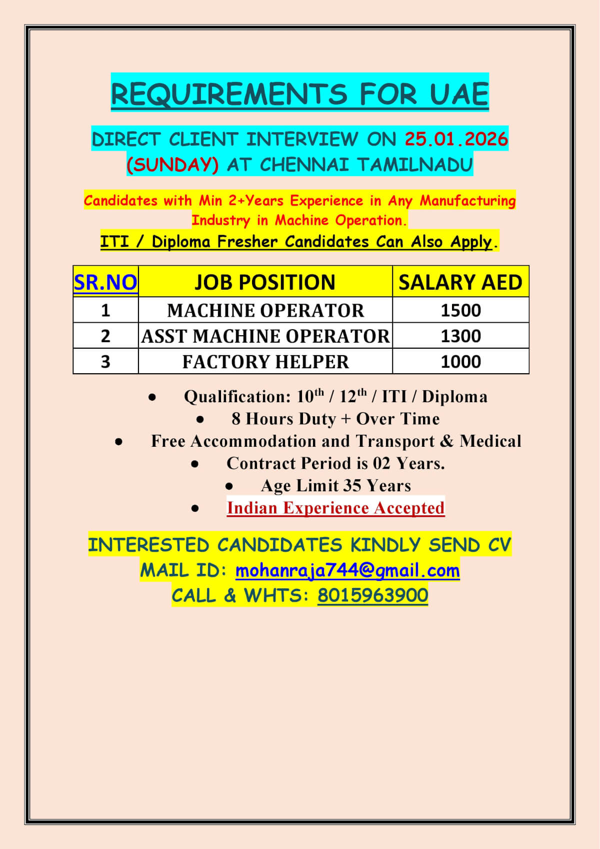 REQUIREMENTS FOR UAE  - DIRECT CLIENT INTERVIEW ON 25.01.2026 (SUNDAY) AT CHENNAI TAMILNADU