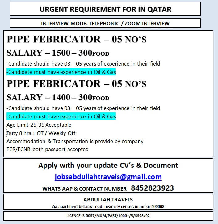 URGENT REQUIREMENT FOR IN QATAR