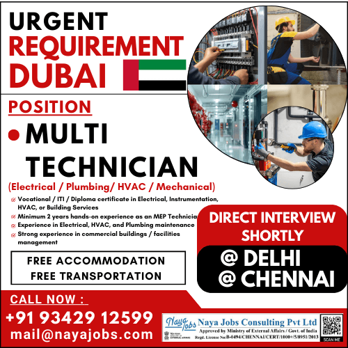 URGENT REQUIREMENT FOR DUBAI MEP Technician