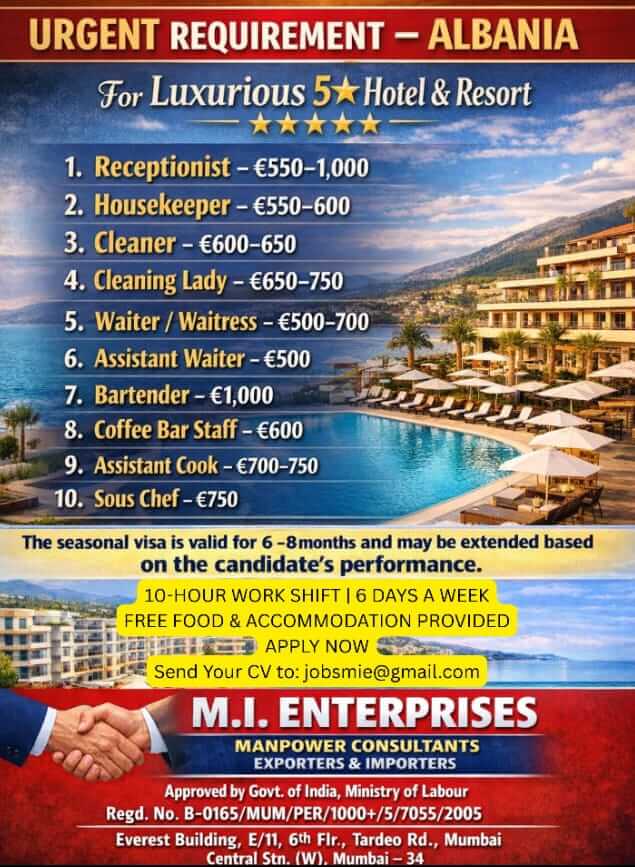 URGENT REQUIREMENT – ALBANIA  For Luxurious 5? Hotel & Resort