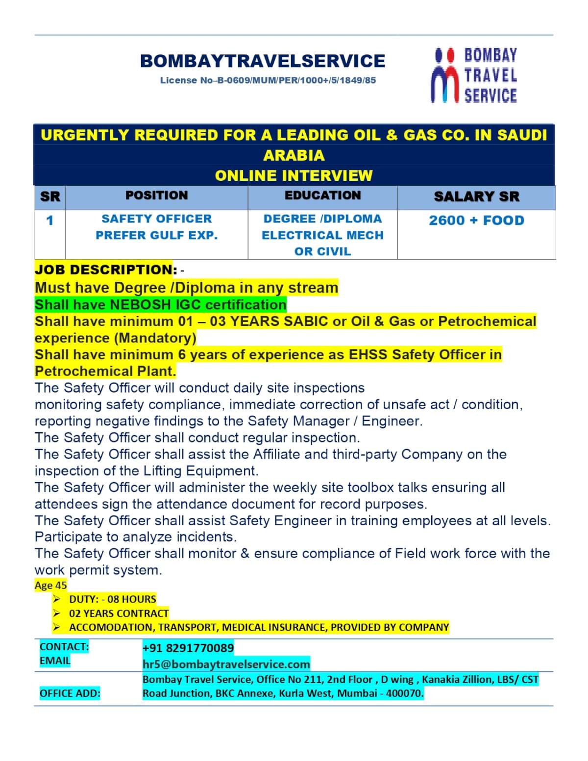 URGENTLY HIRING SAFETY OFFICER FOR SAUDI ARABIA