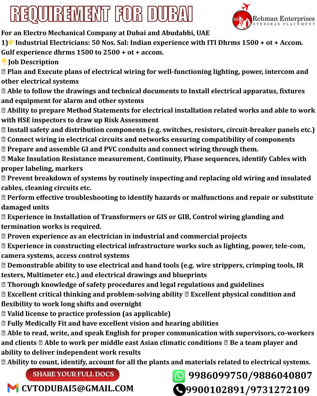 REQUIREMENT FOR DUBAI-INDUSTRIAL ELECTRICIANS