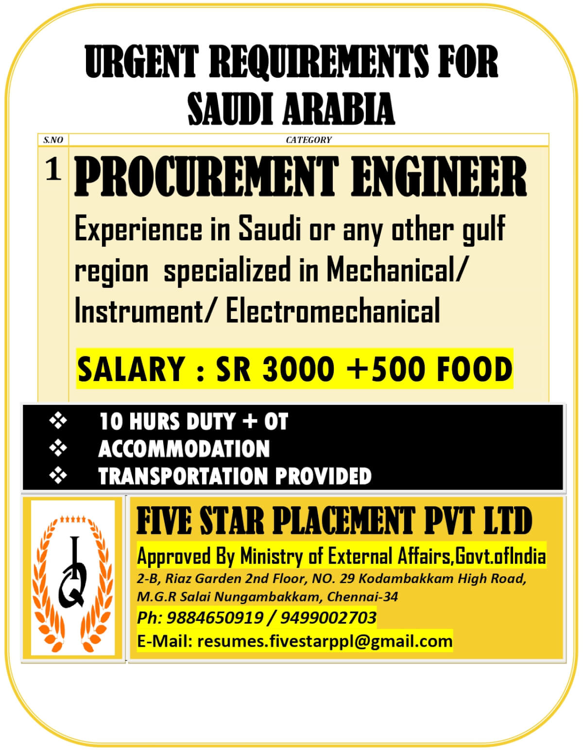 URGENT REQUIREMENT FOR SAUDI ARABIA