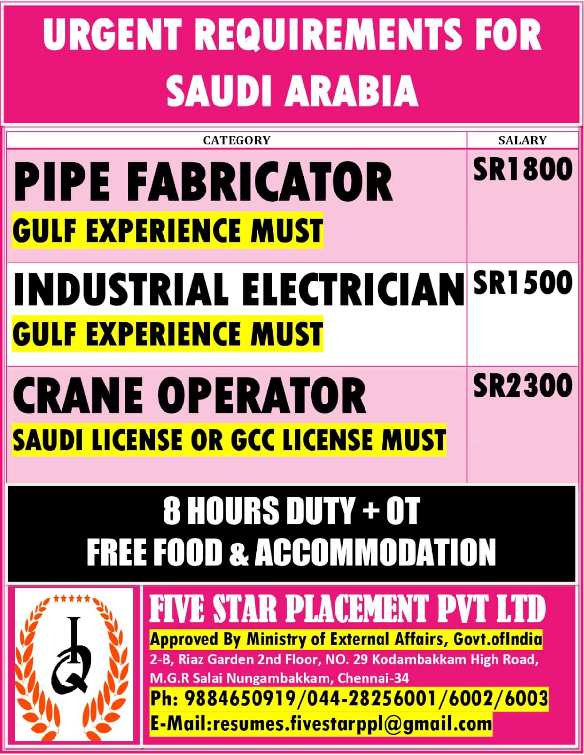 URGENT REQUIREMENT FOR SAUDI ARABIA