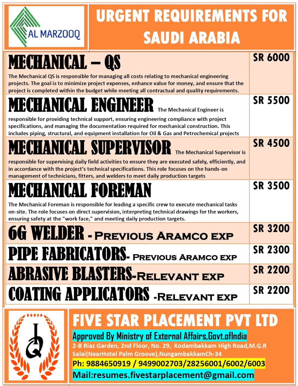 URGENT REQUIREMENT FOR SAUDI ARABIA