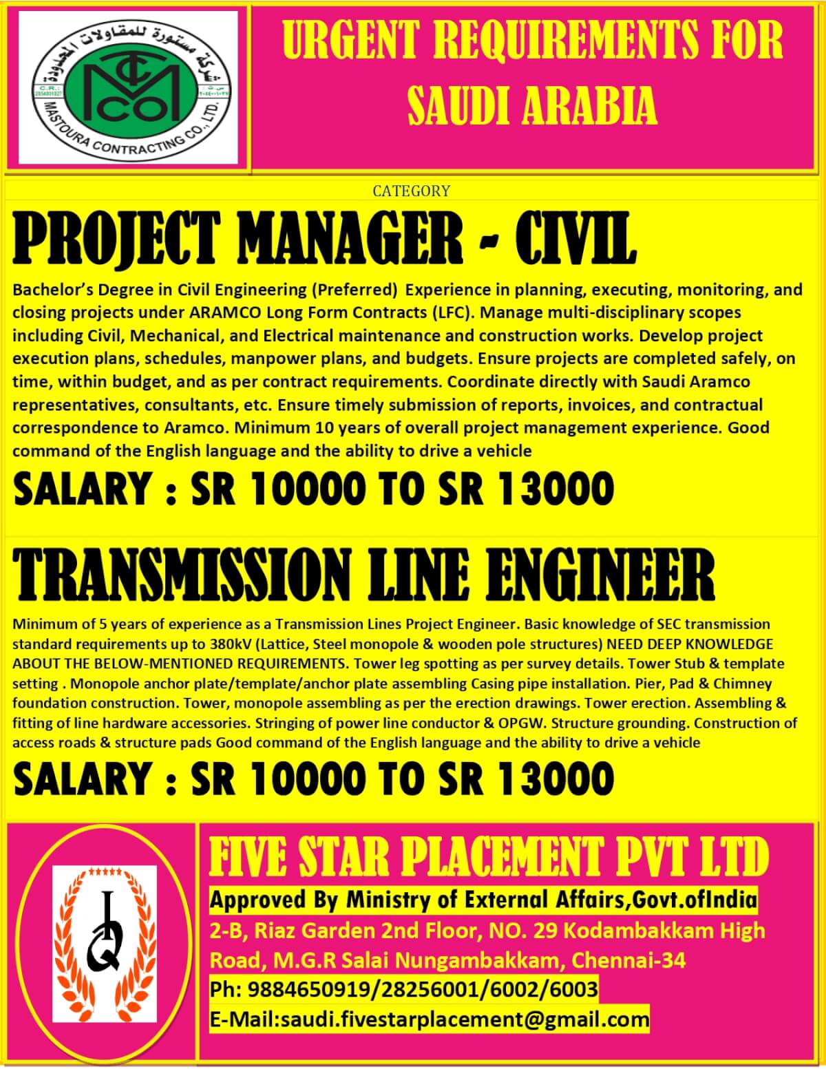 URGENT REQUIREMENT FOR SAUDI ARABIA