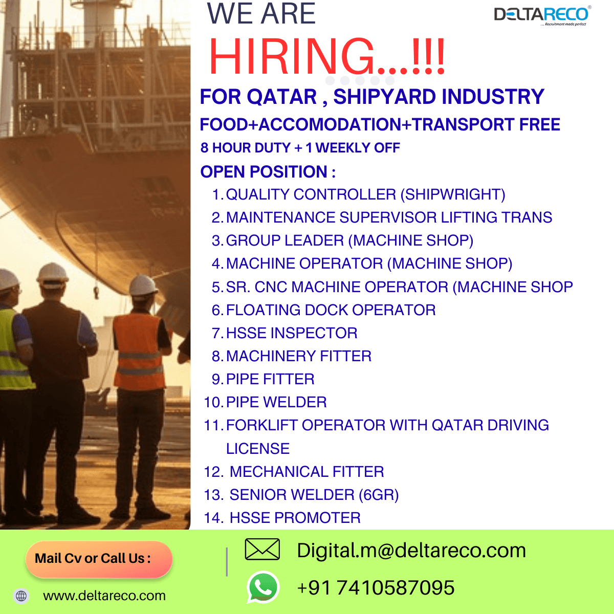 Hiring For a Shipyard multiple Positions with good Salary