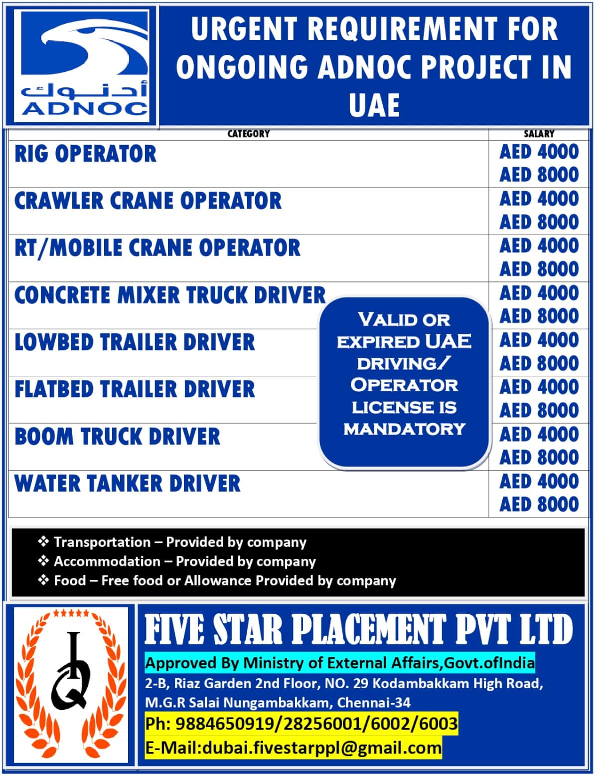 URGENT REQUIREMENT FOR ONGOING ADNOC PROJECT IN UAE