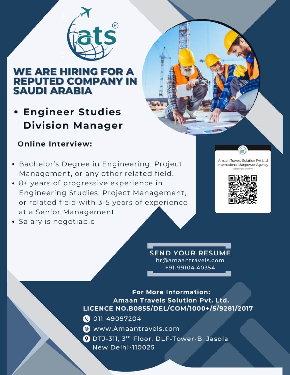 Hiring for A Reputed Company in Saudi Arabia ( Engineering Studies Division Manager)