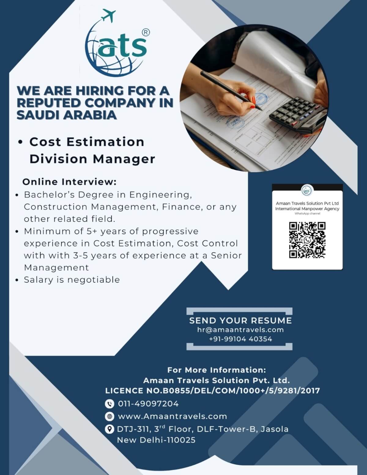 Hiring for A Reputed Company in Saudi Arabia ( Cost Estimation Division Manager)