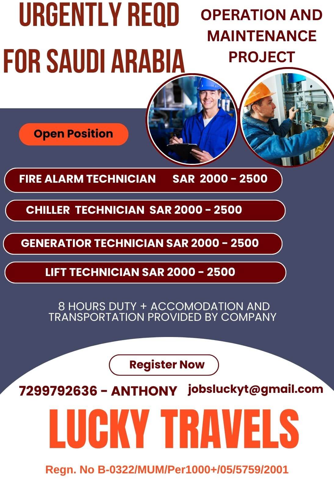Urgently Required for Maintenance Project for Saudi Arabia / CV Selection & Online Interview / contact for further details on 7299792636